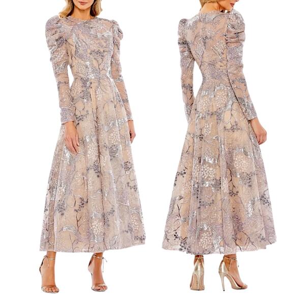 Mac Duggal Embellished High Neck Puff Sleeve A-Line Dress Taupe Size 6 - Picture 1 of 12